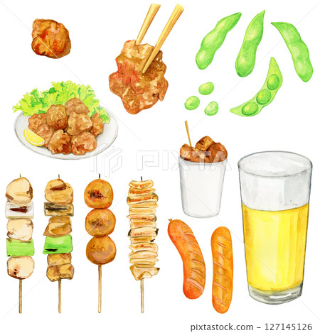 手繪水彩插圖的一組美味小吃和啤酒 127145126