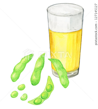 手繪水彩插畫的毛豆和啤酒杯 127145127