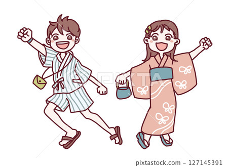 男孩和女孩熱情地穿著浴衣和甚平的插圖 127145391