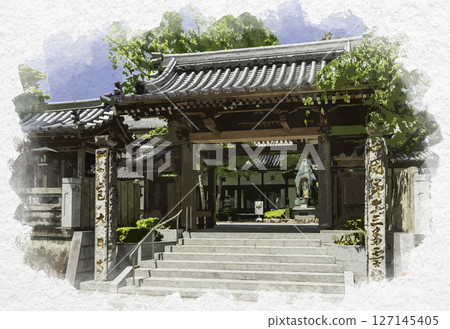 Watercolor painting style, Shikoku 88 Temples No. 13, Dainichiji Temple, Sanmon Gate, Tokushima City, Tokushima Prefecture Watercolor painting style, Shikoku 88 Temples No. 13, Dainichiji Temple, Sanmon Gate, Tokushima City, Tokushima Prefecture 127145405