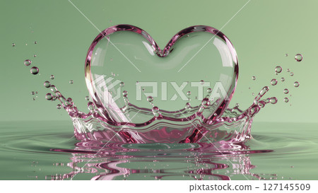 Pink heart shaped water splash on a green background Pink heart shaped water splash on a green background 127145509