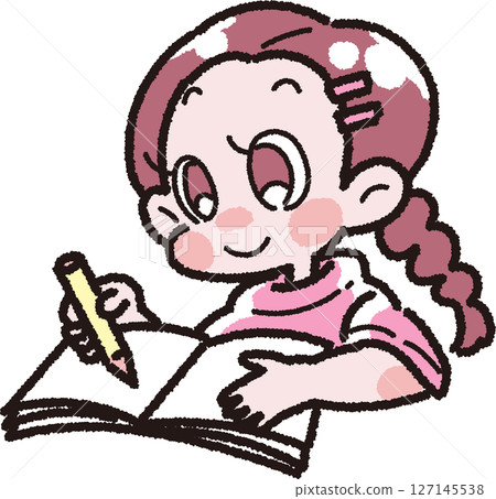 Illustration of a girl holding a notebook and pencil Illustration of a girl holding a notebook and pencil 127145538