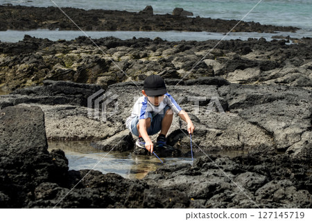 <Material> A child rummaging around on the rocks (catching small fish) <Material> A child rummaging around on the rocks (catching small fish) 127145719