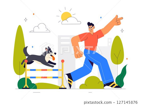 Dogs Training Center at Playground with Instructor Teaching Pets to Perform Tricks and Various Jumping Skills in a Flat Style Cartoon Background 127145876