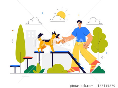 Dogs Training Center at Playground with Instructor Teaching Pets to Perform Tricks and Various Jumping Skills in a Flat Style Cartoon Background Dogs Training Center at Playground with Instructor Teaching Pets to Perform Tricks and Various Jumping Skills in a Flat Style Cartoon Background 127145879