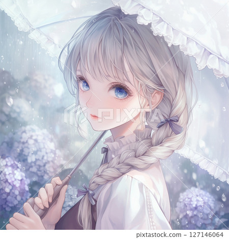 Girl with umbrella, rain and hydrangea background AI image 127146064