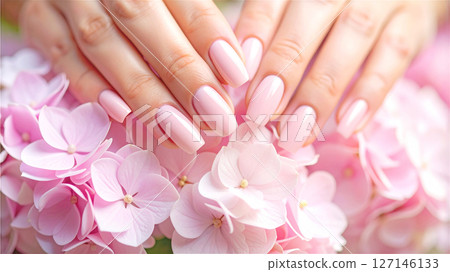 Hydrangea flowers and pale pink nails 127146133