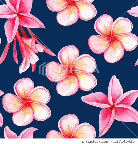 Pink plumeria flower seamless pattern on dark blue. Hand painted in watercolor. Ideal for spa branding, tropical packaging, summer wedding decor, textile design, botanical illustrations. Bright summer Pink plumeria flower seamless pattern on dark blue. Hand painted in watercolor. Ideal for spa branding, tropical packaging, summer wedding decor, textile design, botanical illustrations. Bright summer 127146426