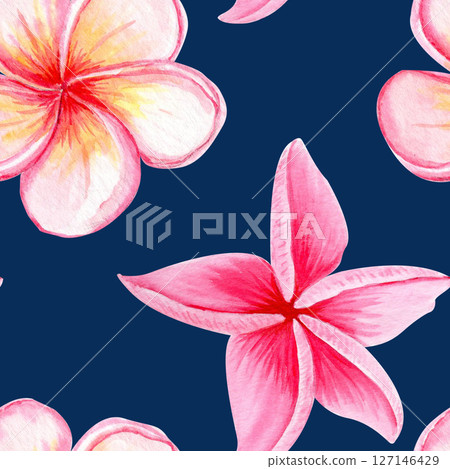 Pink plumeria flowers seamless pattern. Hand painted in watercolor. Ideal for spa branding, tropical packaging, summer wedding decor, textile design, greeting cards, botanical illustrations. Bright Pink plumeria flowers seamless pattern. Hand painted in watercolor. Ideal for spa branding, tropical packaging, summer wedding decor, textile design, greeting cards, botanical illustrations. Bright 127146429