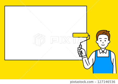 一名男子穿著圍裙，手裡拿著油漆滾筒和白板 127146536