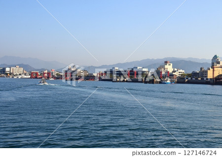 View of Imabari Port and Imabari townscape from the sea (view of Minato Exchange Center and Imabari Castle) 127146724