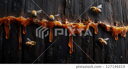 Honey bee insect honey dripping wood texture sticky sweet natural closeup create vivid and lively scene Honey bee insect honey dripping wood texture sticky sweet natural closeup create vivid and lively scene 127146819