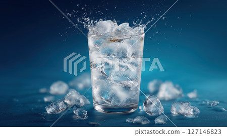 Glass of ice cubes splashing water on blue background, refreshing and cool, clear plastic glass with scattered ice 127146823