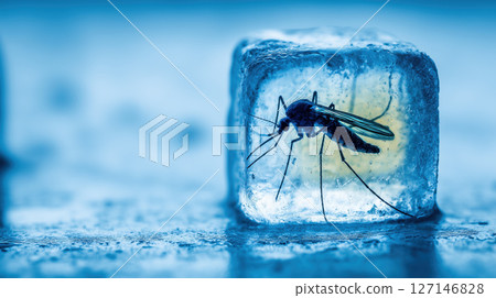 Single perfect ice cube with mosquito frozen inside, blue background, cold unique detailed, macro dramatic lighting 127146828