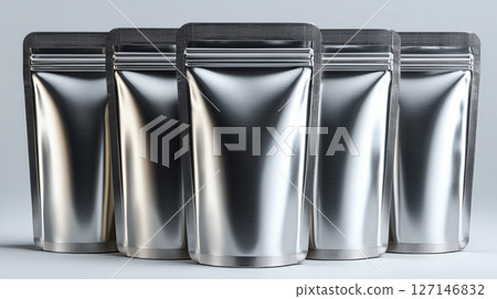 Metallic pouch silver mylar stand up packaging resealable blank food storage shiny reflective Sleek metallic pouch silver mylar stand up packaging 127146832