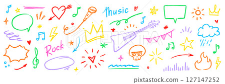 Music sketch heart star vector set. Fun doodle shape with comic crown, skull, fire, heart. Tattoo style graffiti line, chalk crayon marker stroke music sketch color elements. Vector 127147252