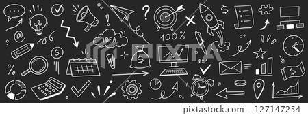 Chalk business board sketch icon set. Hand drawn chalkboard frame, bulb, puzzle and arrow for plan marketing idea. Business chart, pencil drawing, office success and internet. Vector Chalk business board sketch icon set. Hand drawn chalkboard frame, bulb, puzzle and arrow for plan marketing idea. Business chart, pencil drawing, office success and internet. Vector 127147254