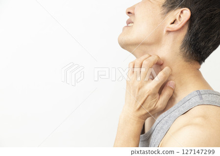 Man scratching his neck on white background Man scratching his neck on white background 127147299