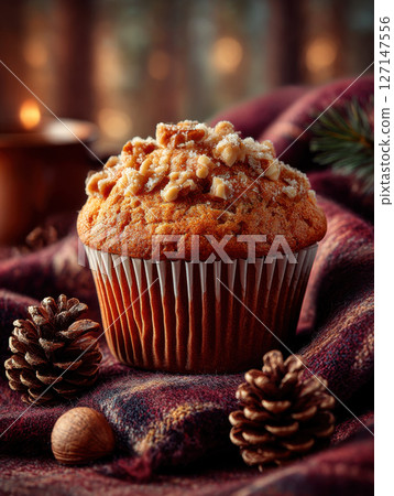 Muffin topped with chopped nuts sits among pinecones and cozy blanket 127147556