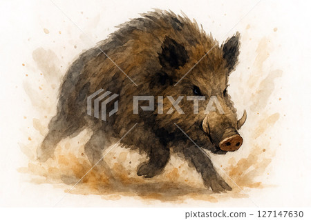 Dynamic watercolor illustration of a wild boar charging forward, with muddy splashes and rich earthy tones, full of energy and rustic wilderness charm. Animals. 127147630
