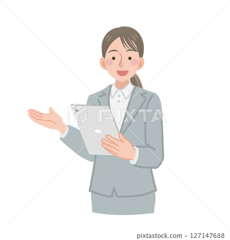 一位女商人用平板電腦解釋 127147688