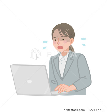 一位女商人看到電腦螢幕時驚慌失措 127147713