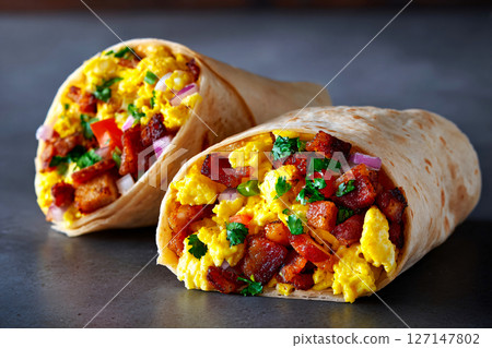 Breakfast burrito in an industrial nook, light gray backdrop with clean studio lit styling 127147802