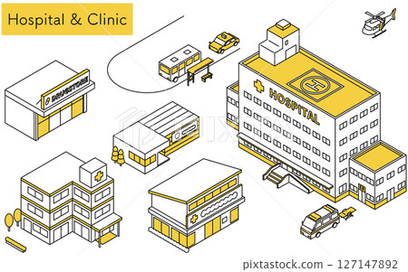 醫院、診所或藥局的簡單線條等距插圖 醫院、診所或藥局的簡單線條等距插圖 127147892