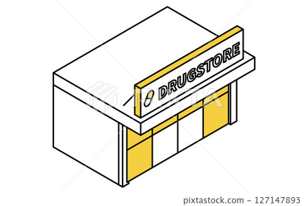 Simple line drawing isometric illustration of a drug store 127147893