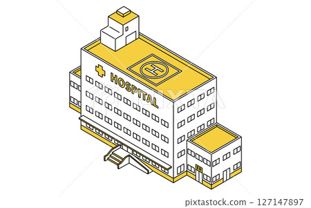 Simple line drawing isometric illustration of an emergency hospital with a doctor heliport 127147897