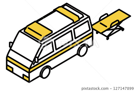 Simple line drawing isometric illustration of an ambulance and a stretcher 127147899