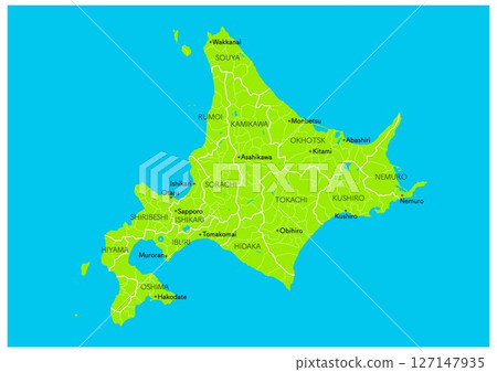 [英文] 日本北海道主要城市地圖（含地名）（地圖以線標示城市、町、村、地區劃分） 127147935