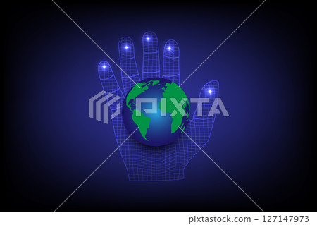 The globe is placed on a high tech hand-woven net of bright light on a dark blue background 127147973