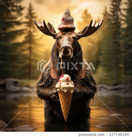 an AI Image Generator, Moose Wearing Pink Hat Enjoying Ice Cream an AI Image Generator, Moose Wearing Pink Hat Enjoying Ice Cream 127148184