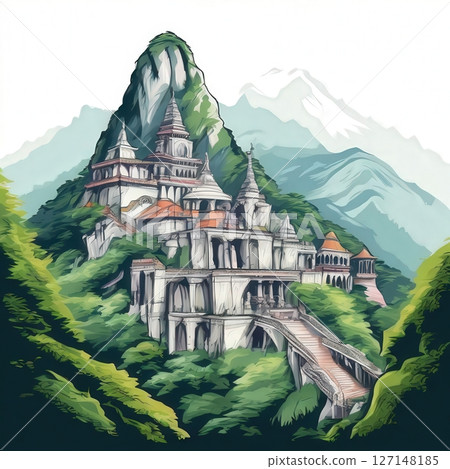 an AI Image Generator, Scenic View of a Temple on a Mountain an AI Image Generator, Scenic View of a Temple on a Mountain 127148185