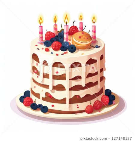 an AI Image Generator, Birthday Cake with Candles and Fresh Fruit Decoration an AI Image Generator, Birthday Cake with Candles and Fresh Fruit Decoration 127148187