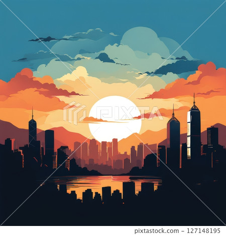 an AI Image Generator, Vibrant Cityscape at Sunset with Majestic 127148195