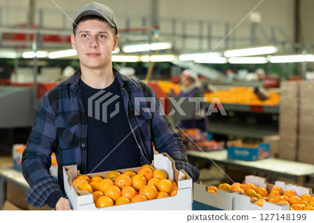 Positive male employee hold a box of fresh ripe tangerines in their hands on citrus sorting line at warehouse. Positive male employee hold a box of fresh ripe tangerines in their hands on citrus sorting line at warehouse. 127148199