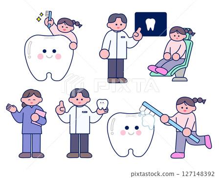 Dentist and dental hygienist/Set of girl brushing teeth Dentist and dental hygienist/Set of girl brushing teeth 127148392