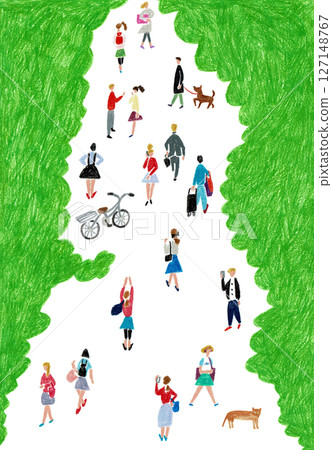 手繪插畫：人們沿著綠樹成蔭的街道行走 127148767