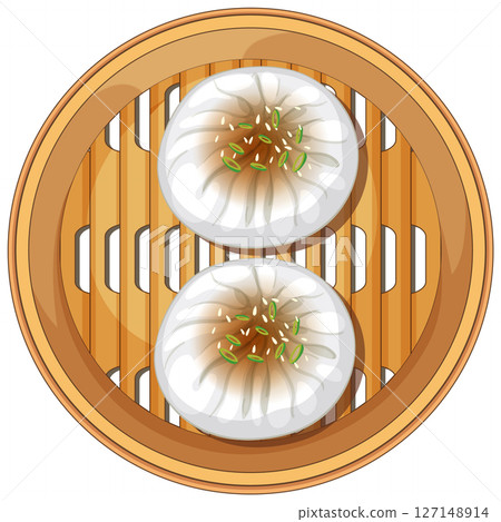 Steamed Dumplings in Bamboo Basket Illustration 127148914