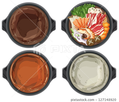 Colorful Asian Hot Pot Ingredients and Broths 127148920