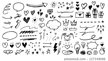 Hand drawn ornament set. Illustrations of symbols such as hearts, arrows, stars, etc. Emotion icons drawn with a pen. Doodle style elements. 127149086
