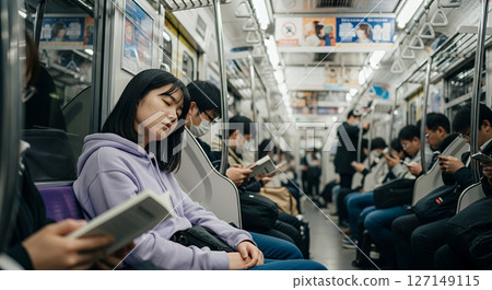 A woman sleeping on a train 127149115