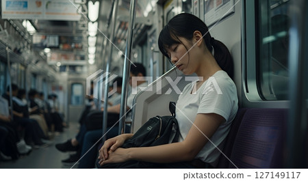 A woman sleeping on a train 127149117