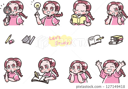Illustration set of various facial expressions of a girl studying Illustration set of various facial expressions of a girl studying 127149418