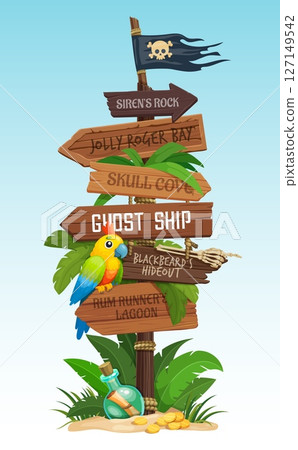 Cartoon pirate wooden signboard, corsairs signage 127149542