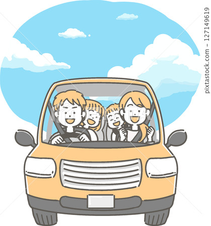 一個微笑的家庭在藍天下開車/一個家庭的向量插圖 一個微笑的家庭在藍天下開車/一個家庭的向量插圖 127149619