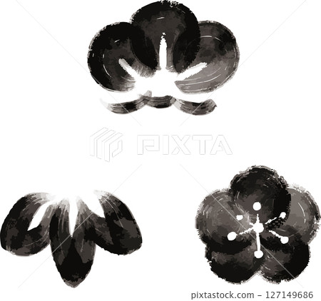 Pine, bamboo, plum, flowers, leaves, sumi-e, ink painting, Japanese painting, watercolor, hand-drawn, Japanese style, New Year's card, New Year, decoration, illustration material set 127149686