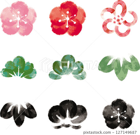 Pine, bamboo, plum, flowers, leaves, sumi-e, ink painting, Japanese painting, watercolor, hand-drawn, Japanese style, New Year's card, New Year, decoration, illustration material set 127149687